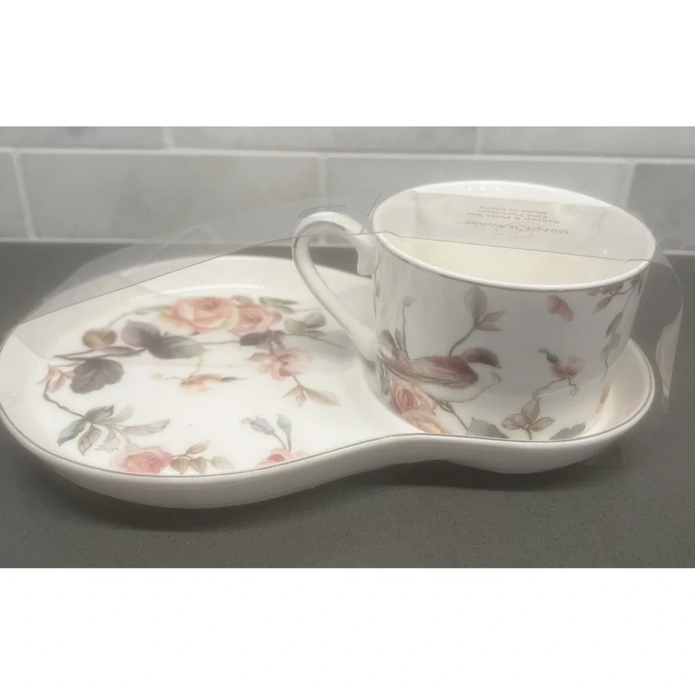 Grace Teaware Fine Porcelain Teacup & Snack Plate Magnolia &  Birds Pink New